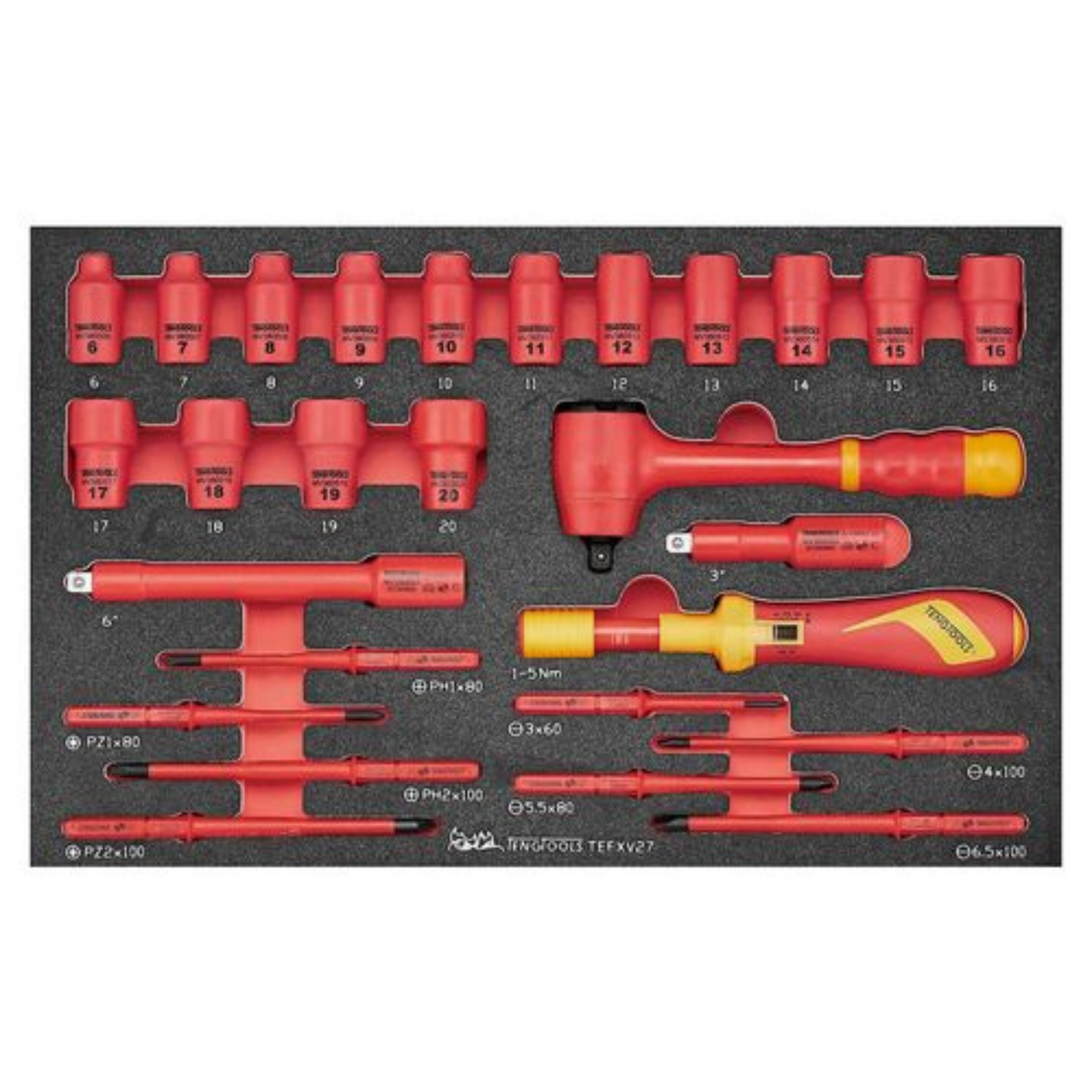 Teng Tools Juego de herramientas de espuma EVA portátil con destornillador dinamométrico, llave, alicate y destornillador mixto, 56 piezas, 1000 voltios, aislados - SCE3