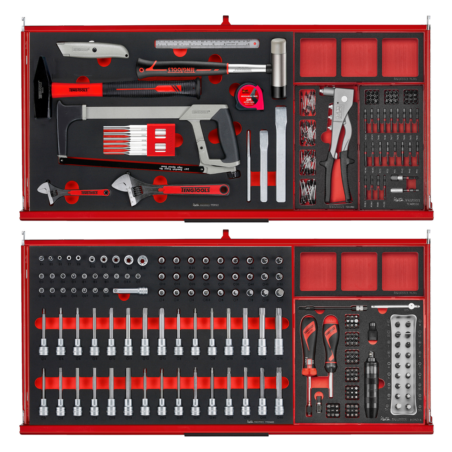Kit de herramientas manuales con ruedas de espuma EVA de 37 pulgadas de ancho PRO35 de Teng Tools, 637 piezas, color rojo - TKW37R637F