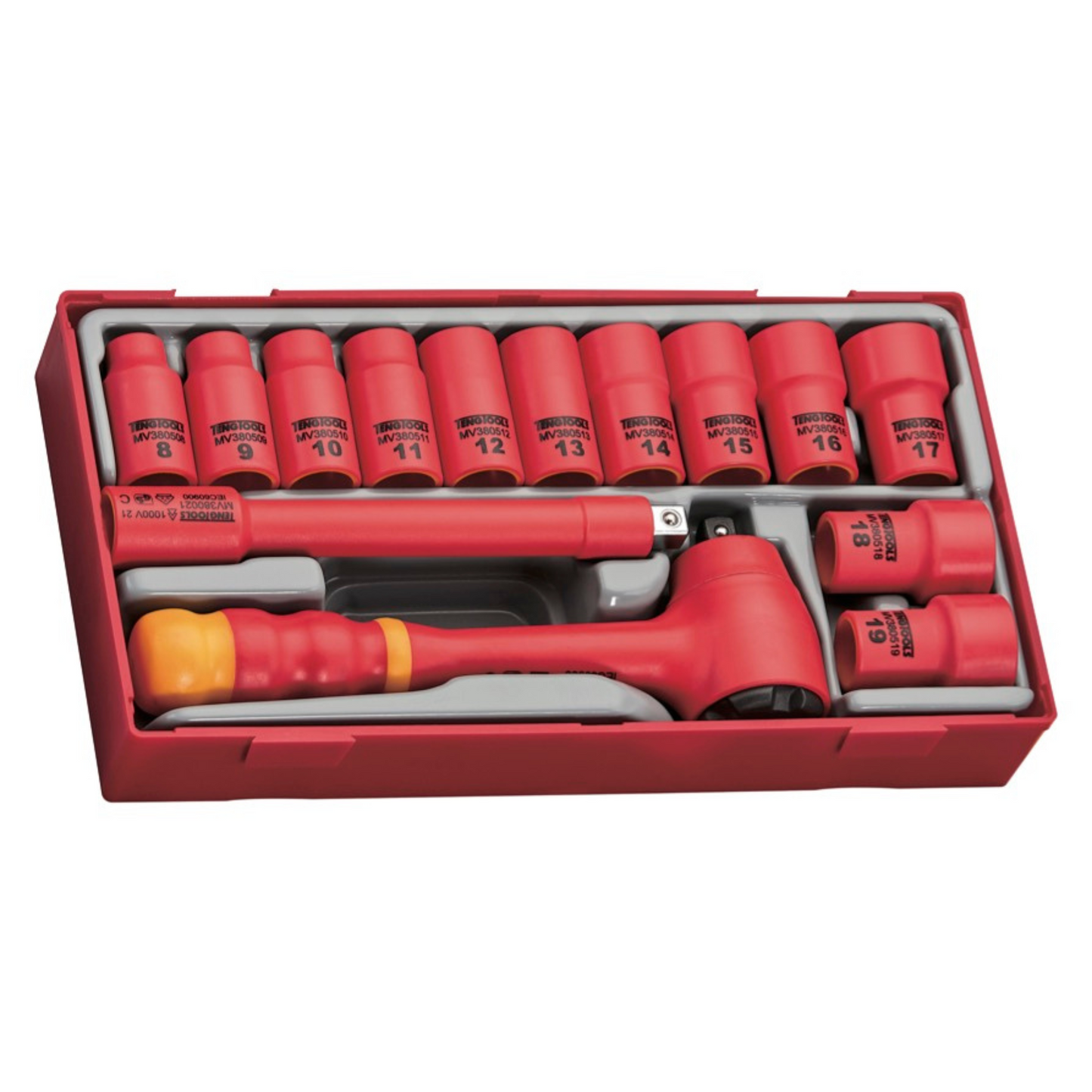 Teng Tools Enchufe aislado poco profundo, 14 piezas, 3/8 de pulgada, métrico, 6 puntos, 1000 voltios | Herramientas para electricistas | Herramientas aisladas | Herramientas Eléctricas - TTV3814