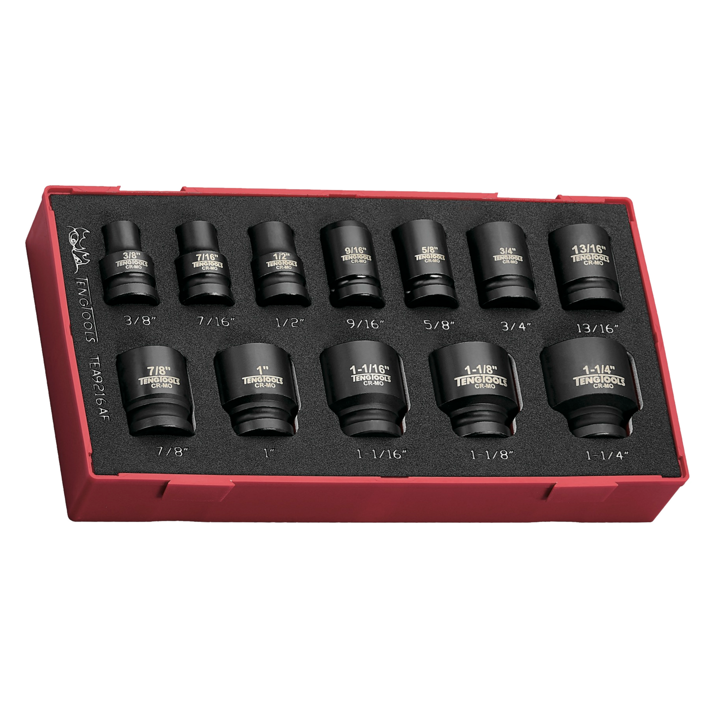 Teng Tools 16 pièces 6 points SAE régulier/peu profond 1/2" Drive Chrome Molybdène DIN Impact EVA Foam Socket Set (3/8 - 1-1/4") Outil mécanique | Outil à main - TEA9216AF