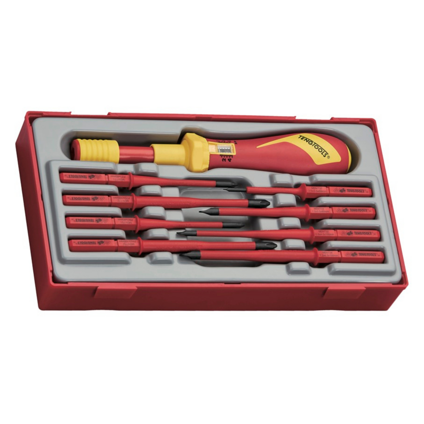 Teng Tools Destornillador dinamométrico de 9 piezas de 1000 voltios y juego de cuchillas intercambiables ranuradas, Phillips (PH) y Pozidriv (PZ) | Herramientas para electricistas | Herramientas aisladas | Herramientas Eléctricas - TTVSD09