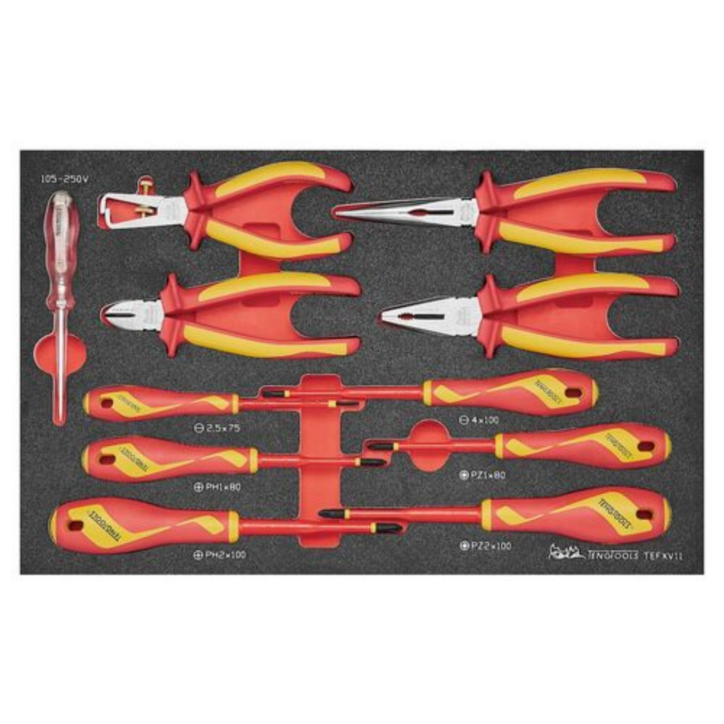 Teng Tools TC-6TE06 Tournevis isolé 39 pièces 1000 V, douille d'entraînement 3/8" et pince pour électriciens Kit d'outils portable en mousse EVA