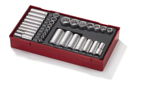 Teng Tools Juego de vasos de cromo vanadio poco profundos y profundos SAE de 12 puntos con accionamiento de 1/4 y 3/8 pulgadas, 32 piezas | Herramientas Mecánicas | Herramientas manuales - TTAF3212