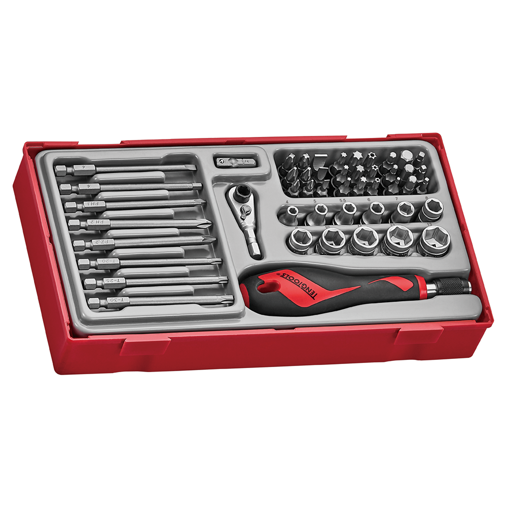 Teng Tools Juego de destornilladores de mandril, punta, cabeza de trinquete y vaso con accionamiento de 1/4 de pulgada de 49 piezas - TTMDQ49