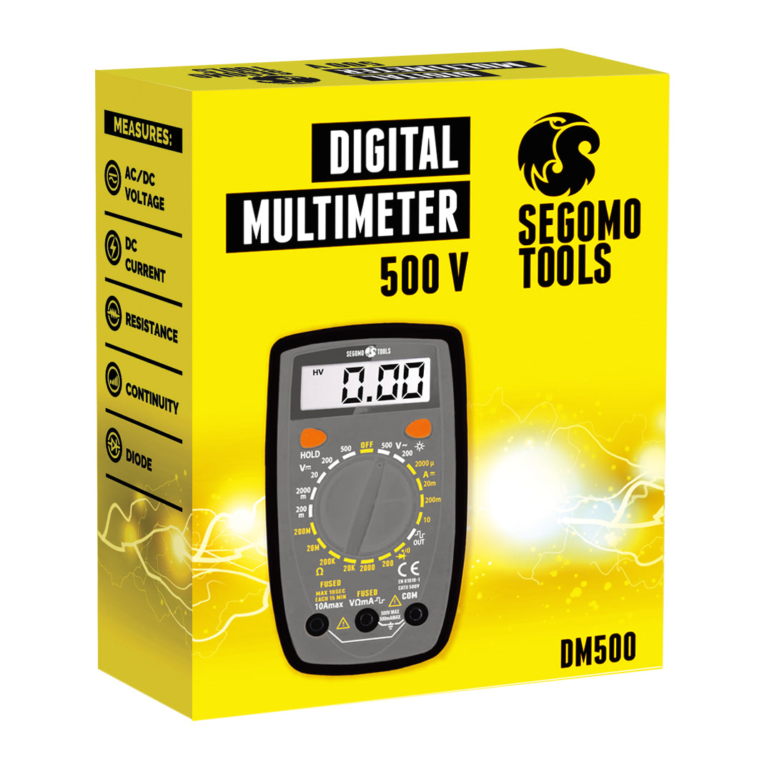 Segomo Tools Testeur multimètre numérique 500 V pour ampères et diodes, résistance et continuité - DM500