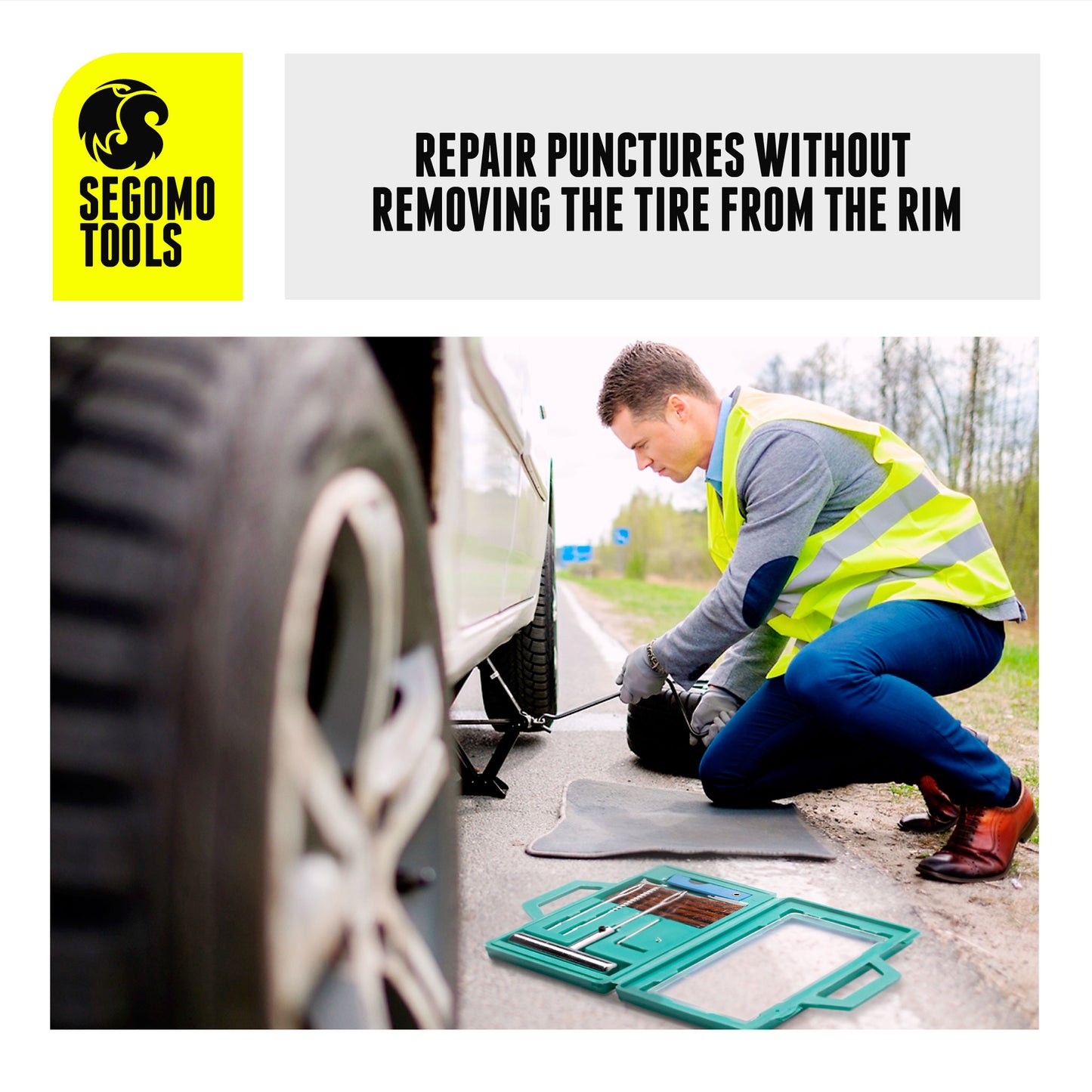 Segomo Tools Kit de réparation universel de crevaison de pneu plat 10 pièces pour motos, voitures, jeep, camions, VTT – TIRE01