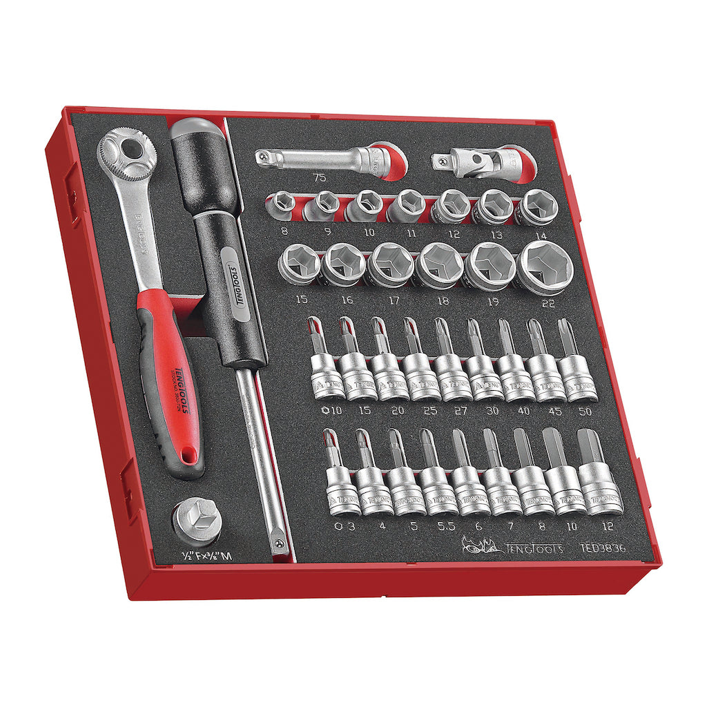 Teng Tools 125 Piece 3/8 Inch Drive Socket, Screwdriver & Bit Foam Kit - TC-6T-2