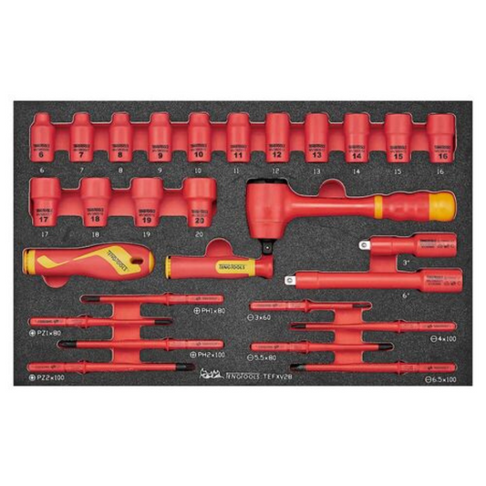 Teng Tools TEFXV28, 28 piezas, 1000 voltios, aislado, 3/8 de pulgada, vaso poco profundo de 6 puntos, barra de extensión, trinquete y destornillador, bandeja de espuma EVA