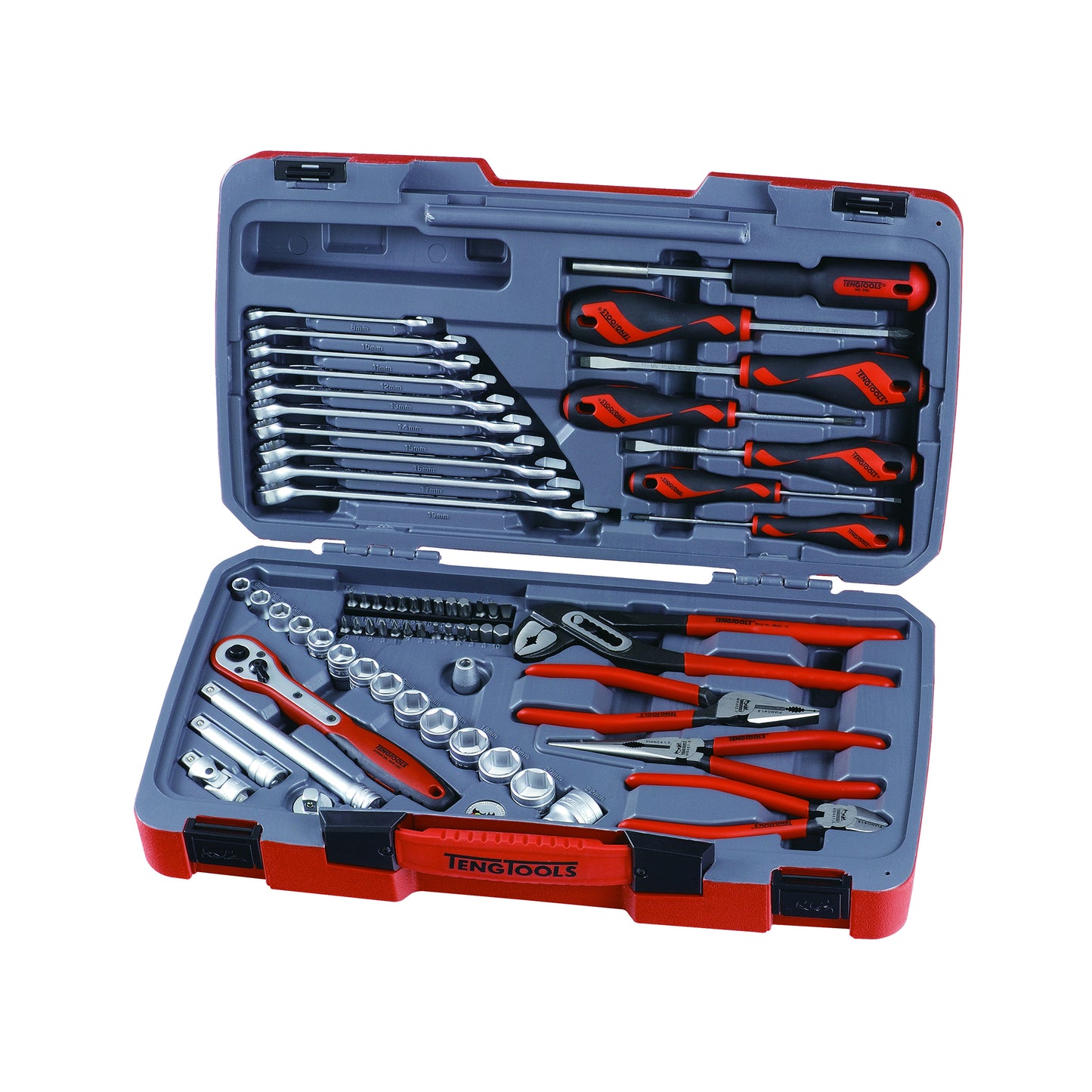Teng Tools Juego de herramientas y dados regulares/poco profundos métricos de 6 puntos con accionamiento de 3/8 de pulgada de 67 piezas - T3867