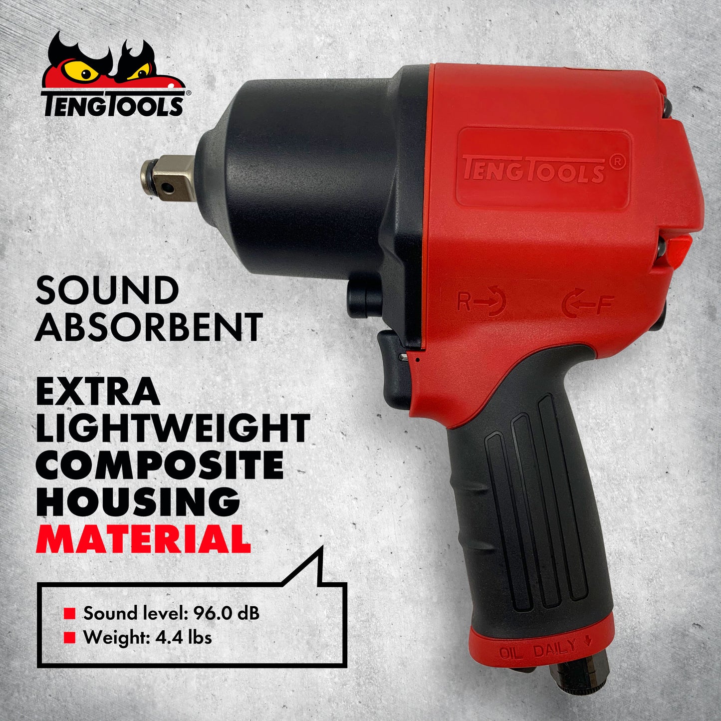 Teng Tools Pistolet à clé à chocs pneumatique composite réversible à couple élevé à entraînement carré de 1/2 pouce - ARWC12