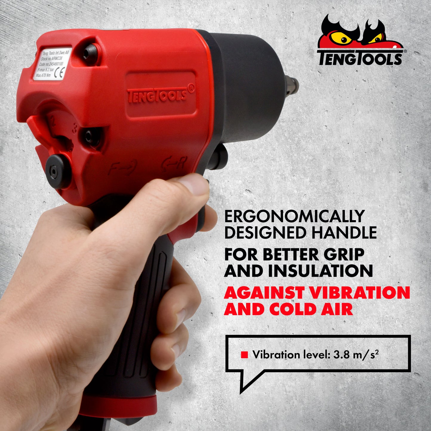 Teng Tools Pistolet à clé à chocs pneumatique composite réversible à couple élevé à entraînement carré de 3/8 pouces - ARWC38