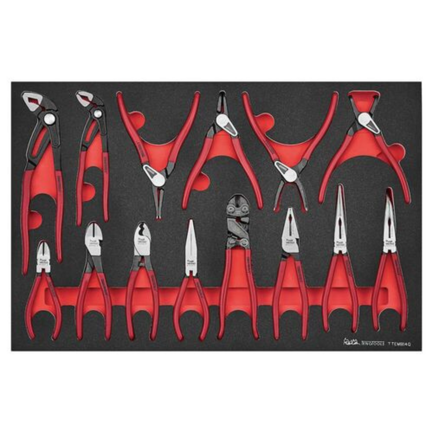 Teng Tools 14 Piece Side Cutter, Cable Cutter, Linesman, Long Nose, Flat Nose, Locking, Snap Ring & Bolt Cutter EVA Foam Plier Set - TTEMB14Q