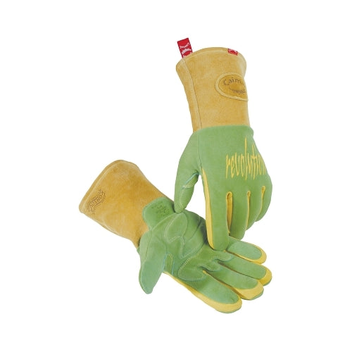 Caiman 1816 Revolution Deerskin Fr Foam Fleece Lined Mig/Stick Welding Gloves, Green/Gold, Gauntlet Cuff - 1 per PR