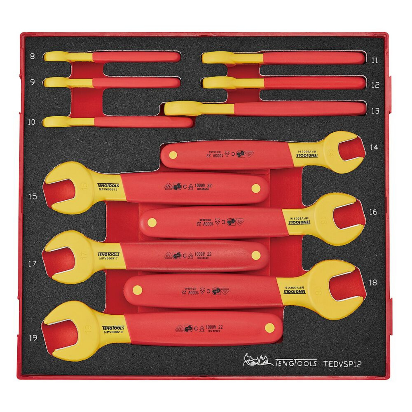 Teng Tools Jeu de 12 clés à fourche métrique isolées 1 000 V en mousse EVA (8 mm – 19 mm) – TEDVSP12