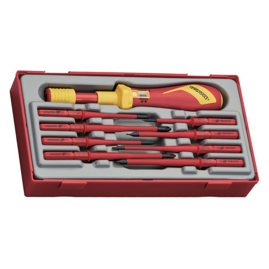 Teng Tools Destornillador dinamométrico de 9 piezas de 1000 voltios y juego de cuchillas intercambiables ranuradas, Phillips (PH) y Pozidriv (PZ) | Herramientas para electricistas | Herramientas aisladas | Herramientas Eléctricas - TTVSD09