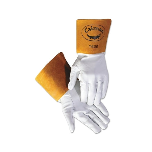 Caiman 1600 Goat Grain Leather/Cowhide Cuff Unlined Welding Gloves, White/Gold, Gauntlet Cuff - 1 per PR