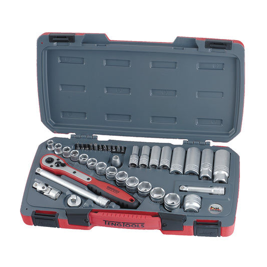 Teng Tools Juego de llaves de vaso regulares/poco profundas y profundas métricas de 6 puntos con accionamiento de 3/8 pulgadas, 39 piezas - T3839