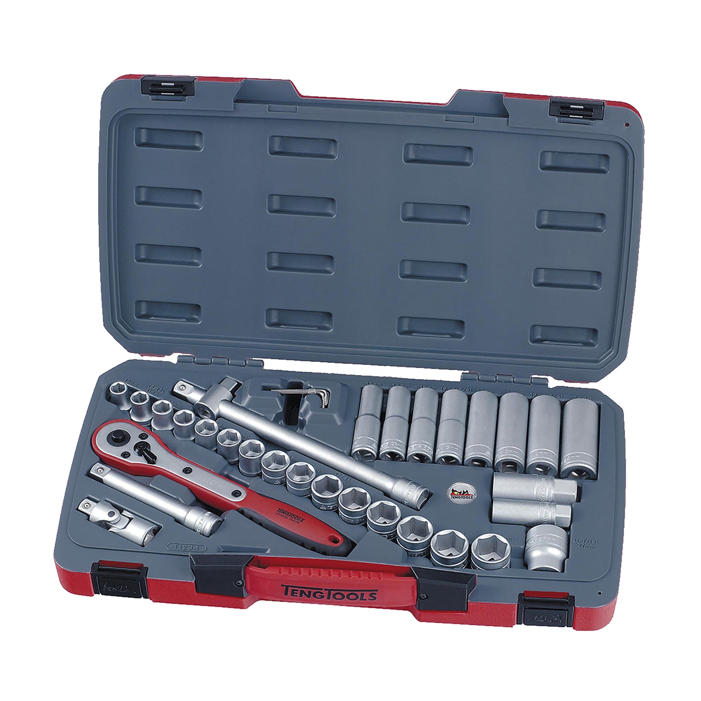 Teng Tools Juego de llaves de vaso regulares/superficiales y profundas métricas de 6 puntos con accionamiento de 1/2 pulgada, 34 piezas - T1234