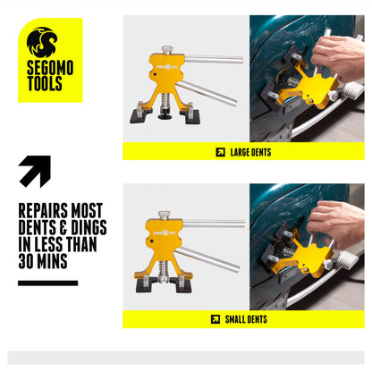 Segomo Tools Kit de herramientas para reparación y eliminación de abolladuras, abolladuras y daños sin pintura, 55 piezas, con elevador, extractor de puentes y pistola de pegamento (para carrocería, automóviles, motocicletas, bricolaje) - DENT01 