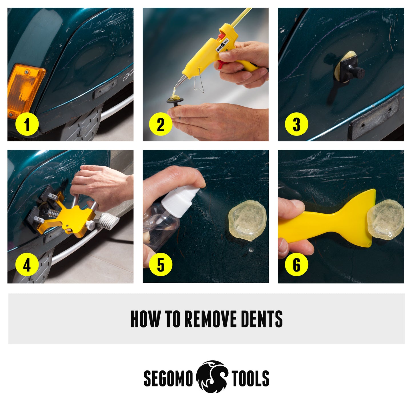 Segomo Tools Kit de herramientas para reparación y eliminación de abolladuras, abolladuras y daños sin pintura, 55 piezas, con elevador, extractor de puentes y pistola de pegamento (para carrocería, automóviles, motocicletas, bricolaje) - DENT01 