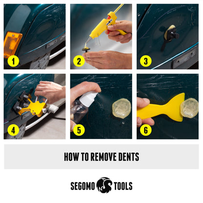 Segomo Tools Kit de herramientas para reparación y eliminación de abolladuras, abolladuras y daños sin pintura, 55 piezas, con elevador, extractor de puentes y pistola de pegamento (para carrocería, automóviles, motocicletas, bricolaje) - DENT01 