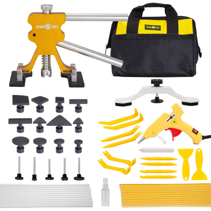 Segomo Tools Kit de herramientas para reparación y eliminación de abolladuras, abolladuras y daños sin pintura, 55 piezas, con elevador, extractor de puentes y pistola de pegamento (para carrocería, automóviles, motocicletas, bricolaje) - DENT01 