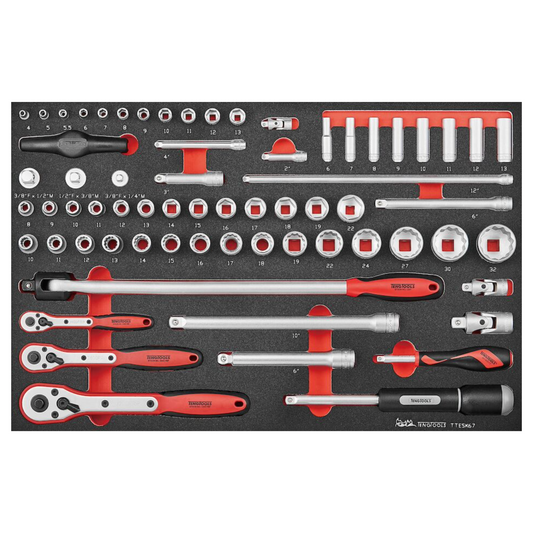 Teng Tools 67 Piece 1/4, 3/8 & 1/2 Inch Drive Maintenance & Automotive Metric 6 & 12 Point Socket EVA Foam Set - TTESK67