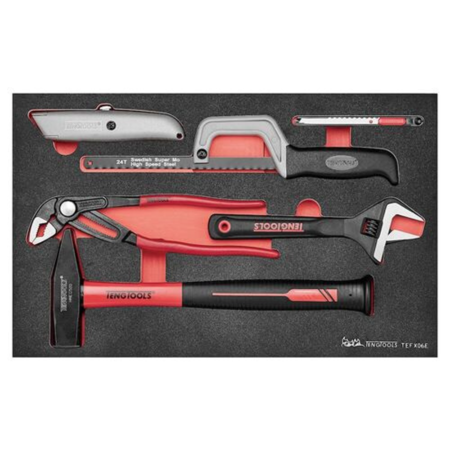 Teng Tools 6 pièces pince, clé, marteau d'ingénieur, couteau et scie plateau général en mousse EVA - TEFX06E
