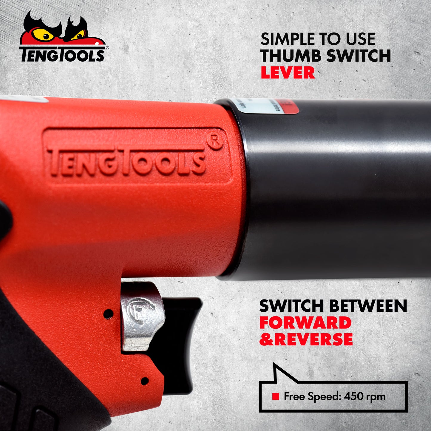 Teng Tools Estilo pistola Portabrocas de 13 mm 450 RPM Taladro neumático reversible para mano izquierda y derecha - ARD13