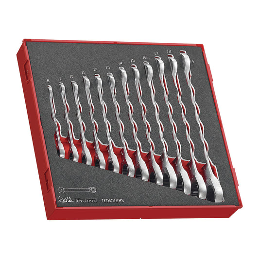 Juego de llaves combinadas de trinquete de 12 piezas Teng Tools en bandeja de espuma/EVA de 8 mm a 19 mm - TED6512RS