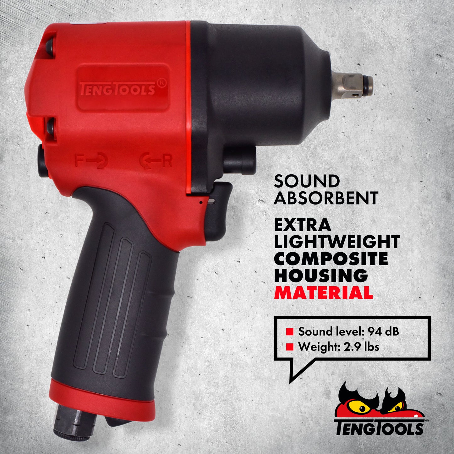 Teng Tools Pistolet à clé à chocs pneumatique composite réversible à couple élevé à entraînement carré de 3/8 pouces - ARWC38