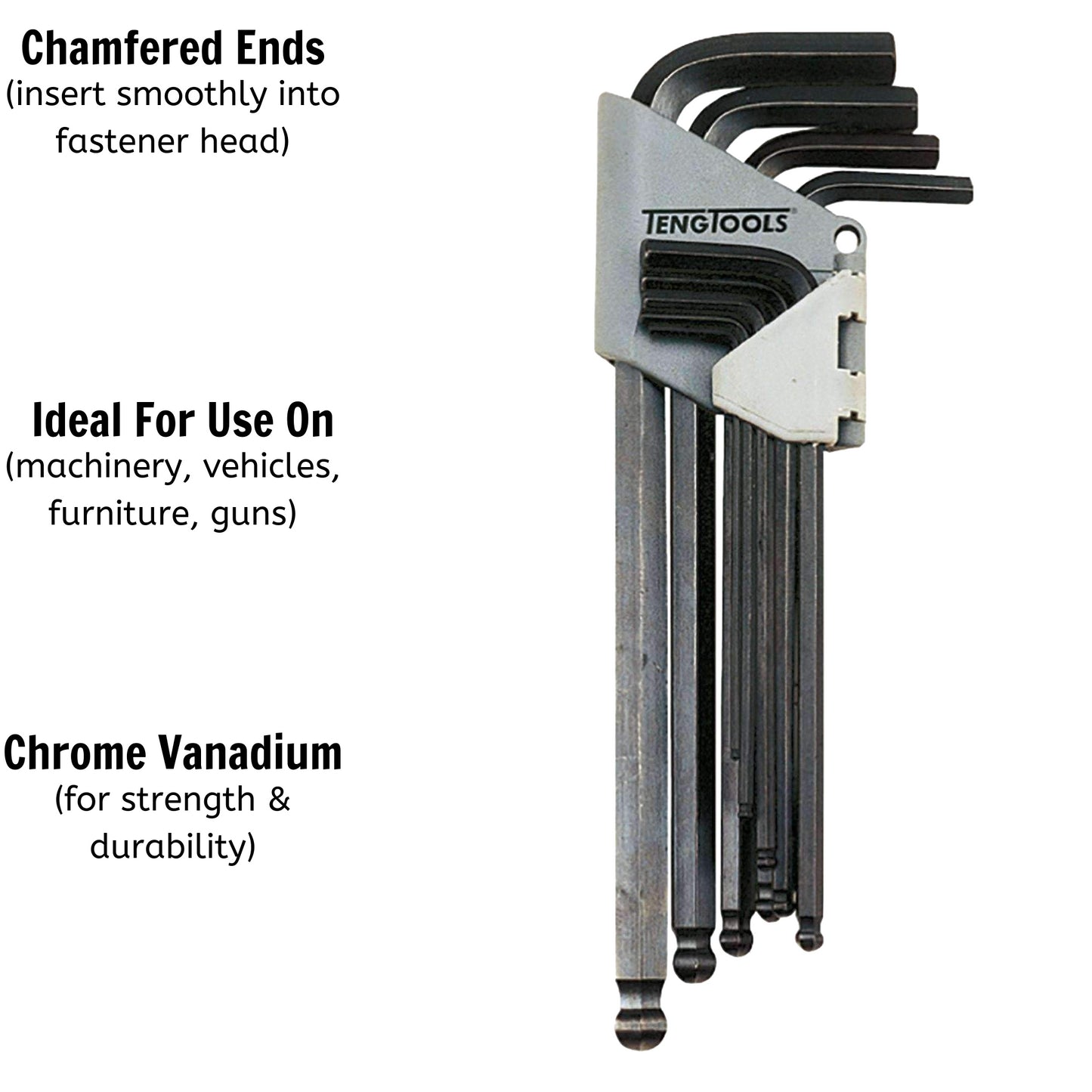 Teng Tools Juego de llaves hexagonales/llaves Allen de punta esférica SAE negra de 9 piezas (5/64 pulgadas - 3/8 pulgadas) - 1479AF