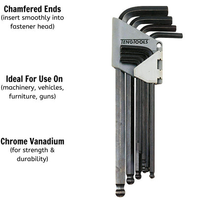 Teng Tools Juego de llaves hexagonales/llaves Allen de punta esférica SAE negra de 9 piezas (5/64 pulgadas - 3/8 pulgadas) - 1479AF