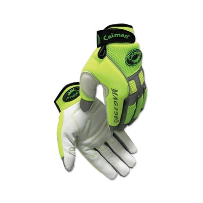 Caiman 2980 Goat Grain Hi-Vis Reflective Back Knuckle Protection Mechanics Gloves,  Hi-Viz Lime Green - 1 per PR