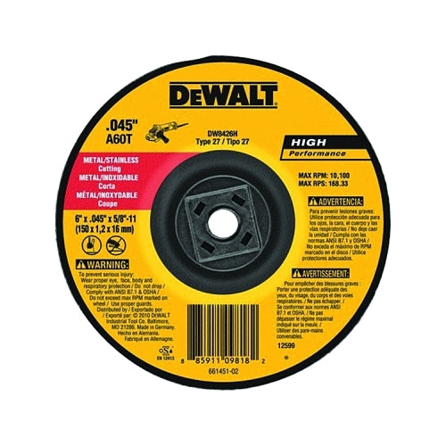 Dewalt High Performance Metal Cutting Wheels, Type 27, 6 In, 40 Grit, Aluminum Oxide - 10 per BX - DW8426H