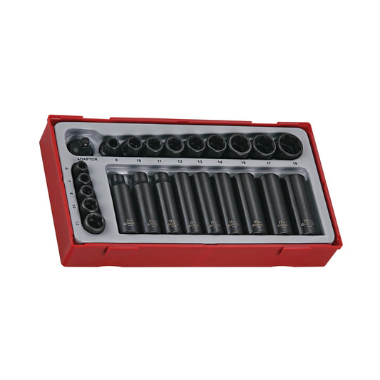 Teng Tools TT9024 - Juego de llaves de vaso de impacto métricas regulares/profundas de 6 puntos con accionamiento de 1/4 a 3/8 pulgadas, 24 piezas