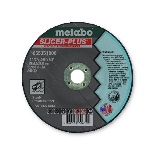 Metabo Slicer Plus Cutting Wheel, Type 27, 4 1/2 Inches Dia, .045 Inches Thick, 60 Grit - 1 per EA - 655351000