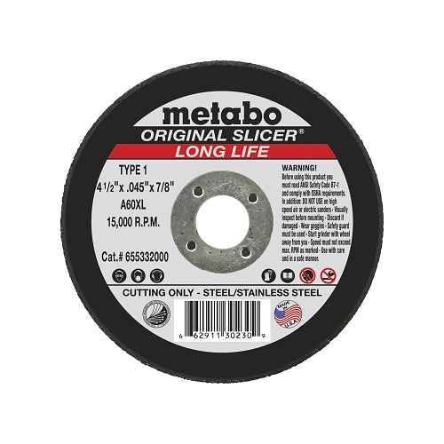 Metabo Original Slicer® Cutting Wheel, 4-1/2 Inches Dia, 0.045 Inches Thick, 7/8 Inches Arbor, 36 Grit, Ao - 1 per EA - 655332000
