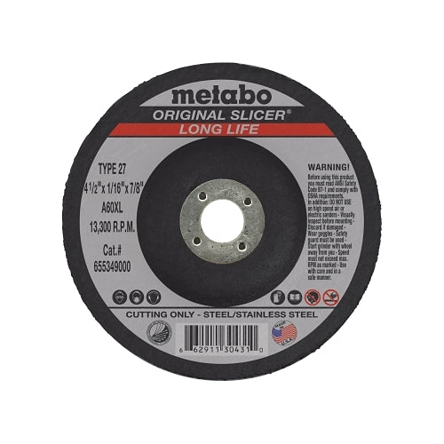 Metabo Slicer Cutting Wheel, Type 27, 4 1/2 Inches Dia, 1/16 Inches Thick, 36 Grit Alum. Oxide - 50 per BX - 655349000