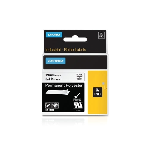 Dymo Industrial Rhino? Permanent Polyester Label Cartridge, 3/4 Inches W X 18 Ft L, Black Print On White Background - 5 per PK - 18484