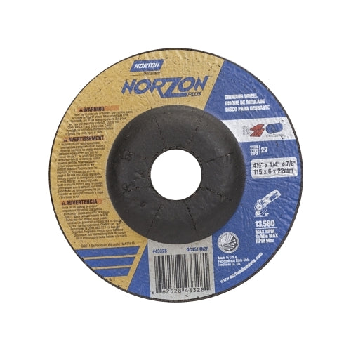 Norton Type 27 Norzon+ Depressed Center Wheel, 4 .5Inches Dia, 1/4Inches Thick, 7/8Inches Arbor, 25/Pk - 25 per BX - 66252843328