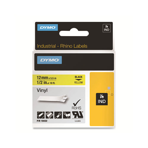 Dymo Industrial Rhino? Vinyl Label Cartridge, 1/2 Inches W X 18 Ft L, Black Print On Yellow Background - 25 per CA - 18432