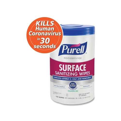 Purell Foodservice Surface Sanitizer, 110 Wipes, Canister, Alcohol-Like Scent - 6 per CA - 9341-06