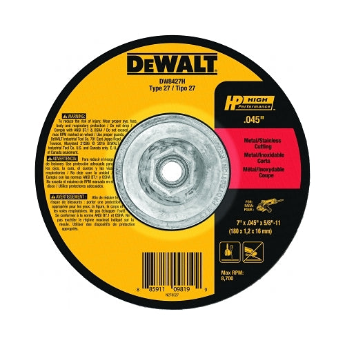 Dewalt Hp T27 Metal Cuttiing Wheel, 7 Inches Dia, 5/8 Inches Arbor, 8700 Rpm - 10 per BX - DW8427H