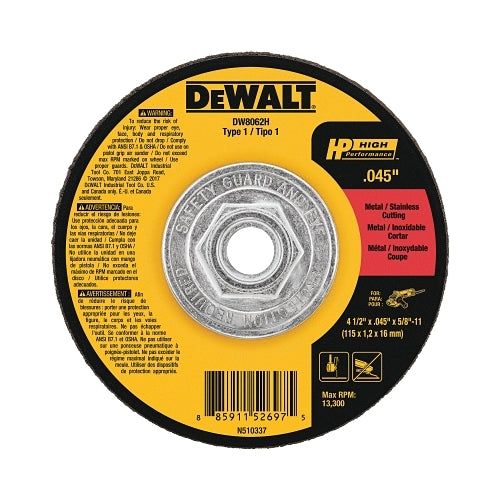Dewalt Hp? Mini Hub Cutting Wheel, 4-1/2 Inches X .045 X 5/8 Inches - 11, Type 1 - 10 per BX - DW8062H