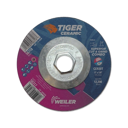 Ruedas combinadas de cerámica Weiler Tiger, 5 pulgadas de diámetro, 1/8 pulgadas de grosor, grano 30, alúmina cerámica - 10 por caja - 58318