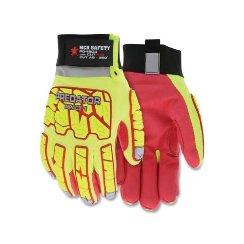 Mcr Safety Predator® Impact Mechanics Hi-Vis Leather Palm, Cut, Abrasion, Puncture Resistant Gloves, Large, Hi-Vis Lime, Hi-Vis Red - 1 per PR - PD4903L