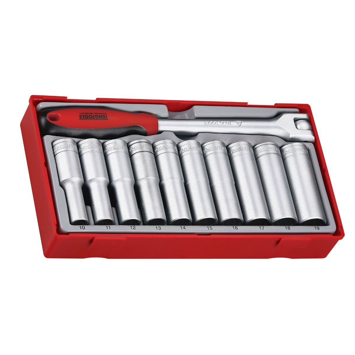 Teng Tools TT1211 - Juego de llaves de vaso profundas de 12 puntas, 11 piezas, 1/2 unidad, métrico, bandeja (10 mm - 19 mm)