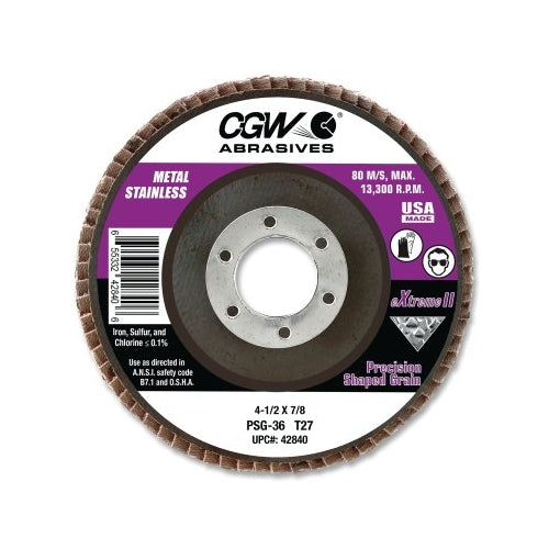 Cgw Abrasives Psg Extreme Ii Flap Disc, 4-1/2 Inches Dia, 80 Grit, 7/8 Inches Arbor, 13300 Rpm, Type 29 - 10 per BX - 42873
