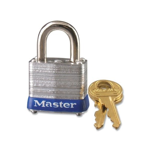 Master Lock No. 7 Laminated Steel Padlock, 3/16 Inches Dia, 1/2 Inches W X 9/16 Inches H Shackle, Silver/Blue, Keyed Alike, Keyed P182 - 6 per BOX - 7KAP182
